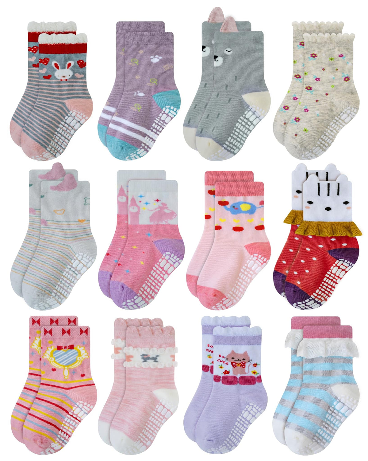 RATIVE Baby Girl Non Slip Grip Socks 12-Pack Soft Cotton Toddler Girl Socks