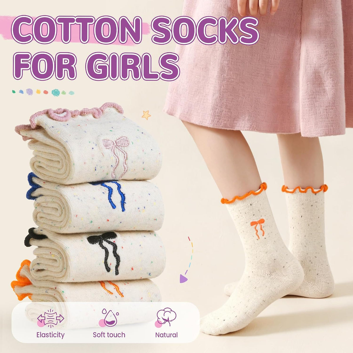 SeeyAN Girls Ruffle Socks Frilly Kids Crew Dress Cotton Soft Cute Toddler Socks 6 Pairs