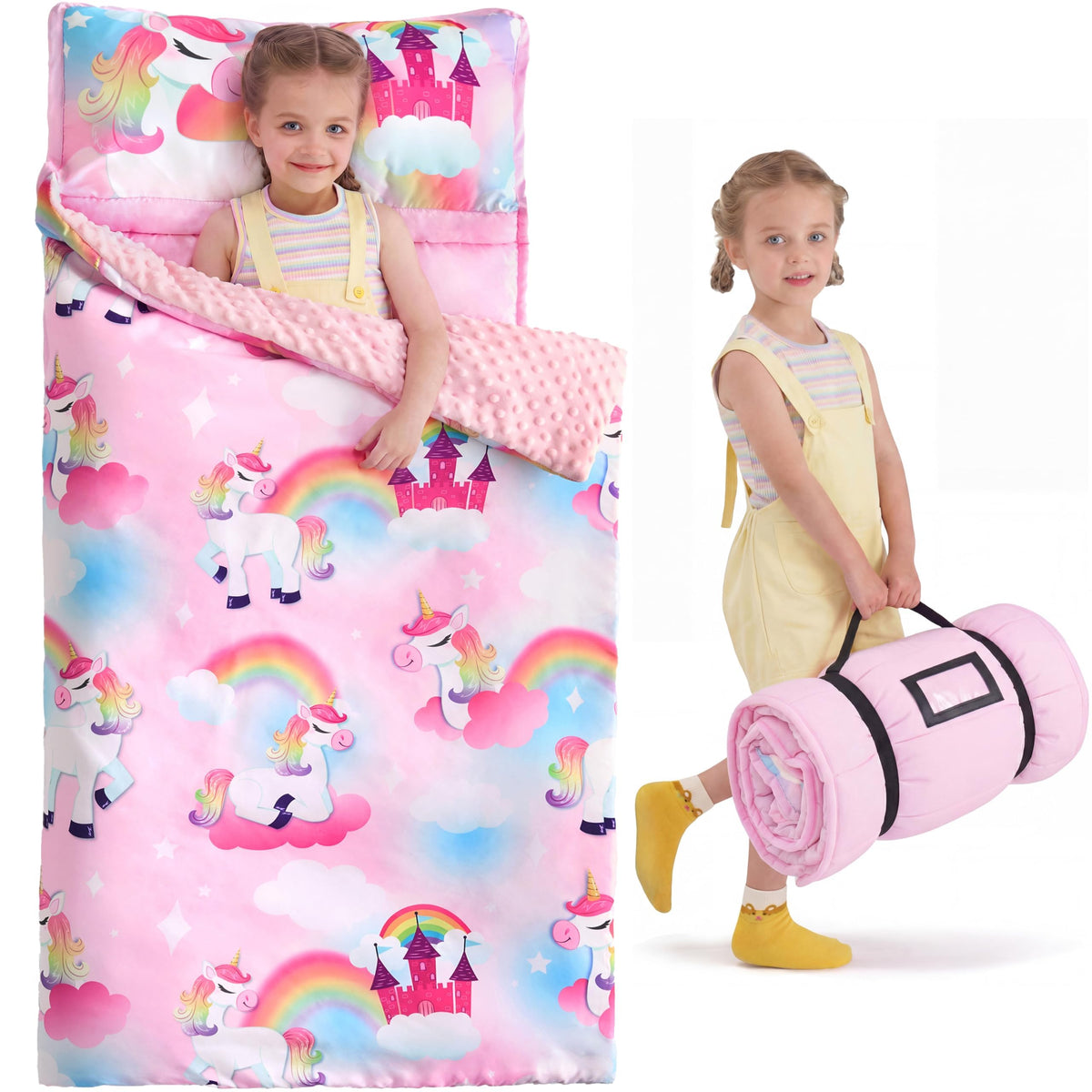 JOIEDOMI Toddler Nap Mat with Removable Pillow and Minky Blanket 55''x30'' Kids Sleeping Bag for Boys and Girls Ages 3-6 Roll Up Soft Nap Mats for Preschool Kindergarten Daycare Sleepover