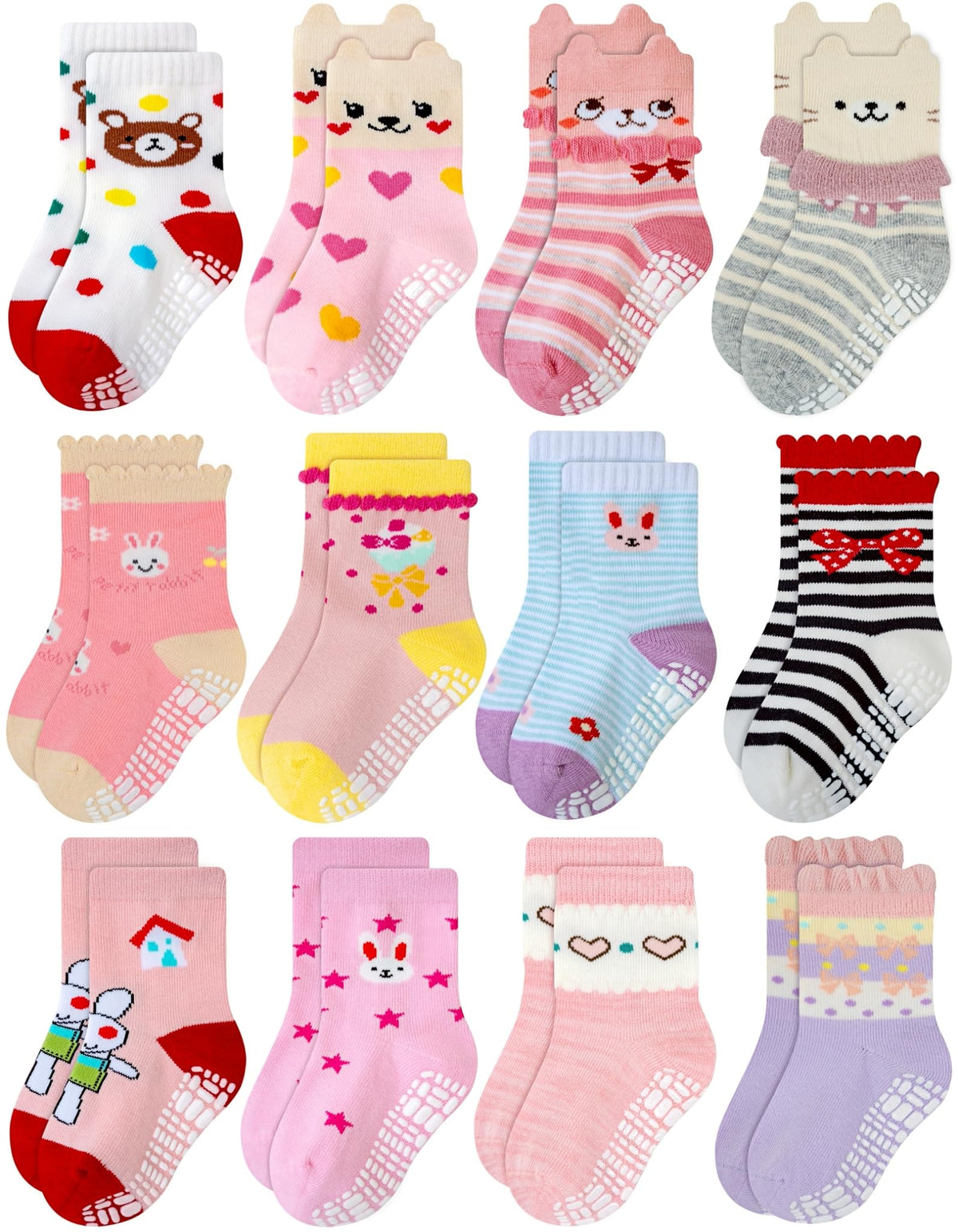 RATIVE Baby Girl Non Slip Grip Socks 12-Pack Soft Cotton Toddler Girl Socks