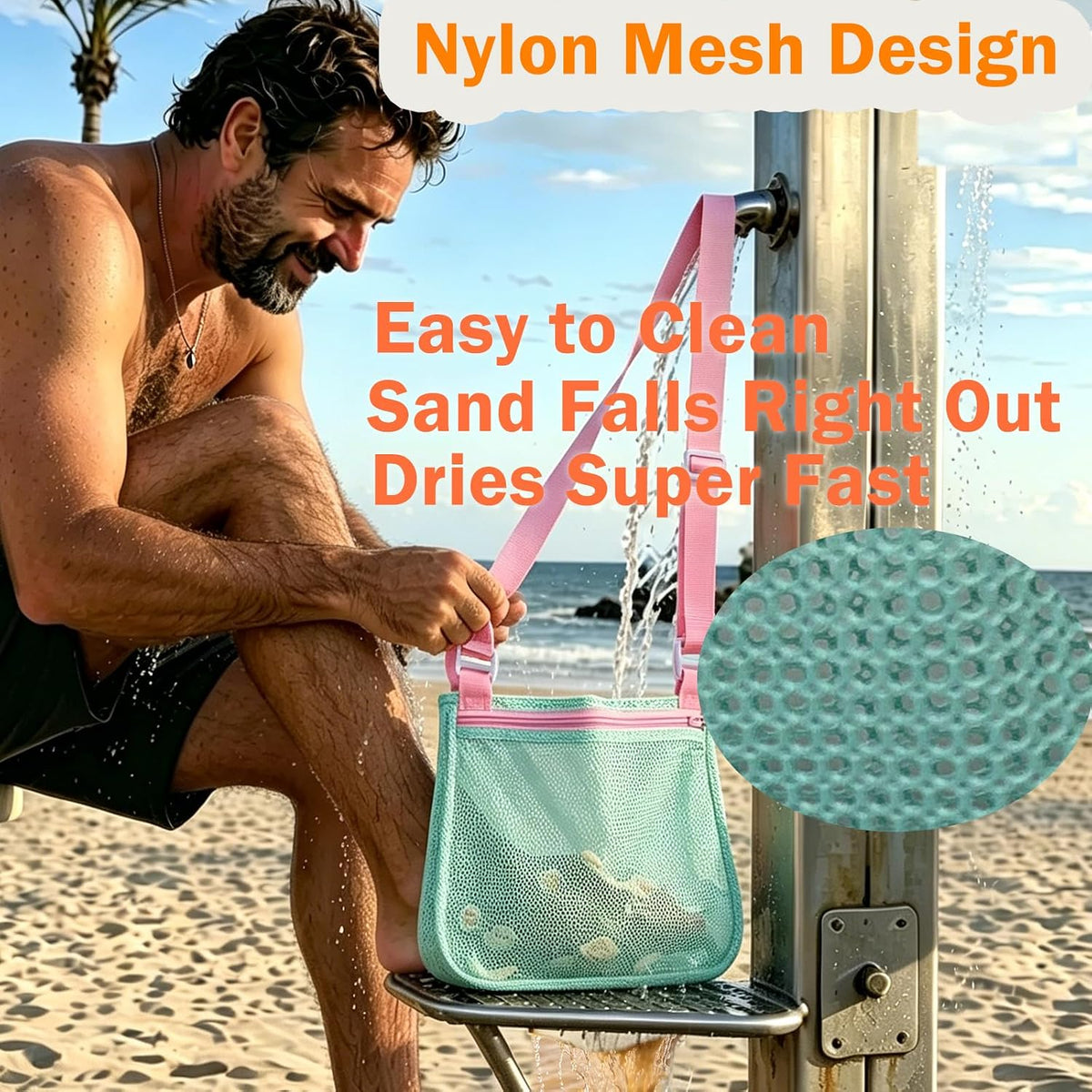 Pack of 3 Shell Collecting Bag, Mesh Shelling Bag for Beach, Adjustable Kids Sea Shell Bags, Quick Dry Shelling Bags for Seashell Sand Toy Swimming Accessories (7.9 * 9.4in)
