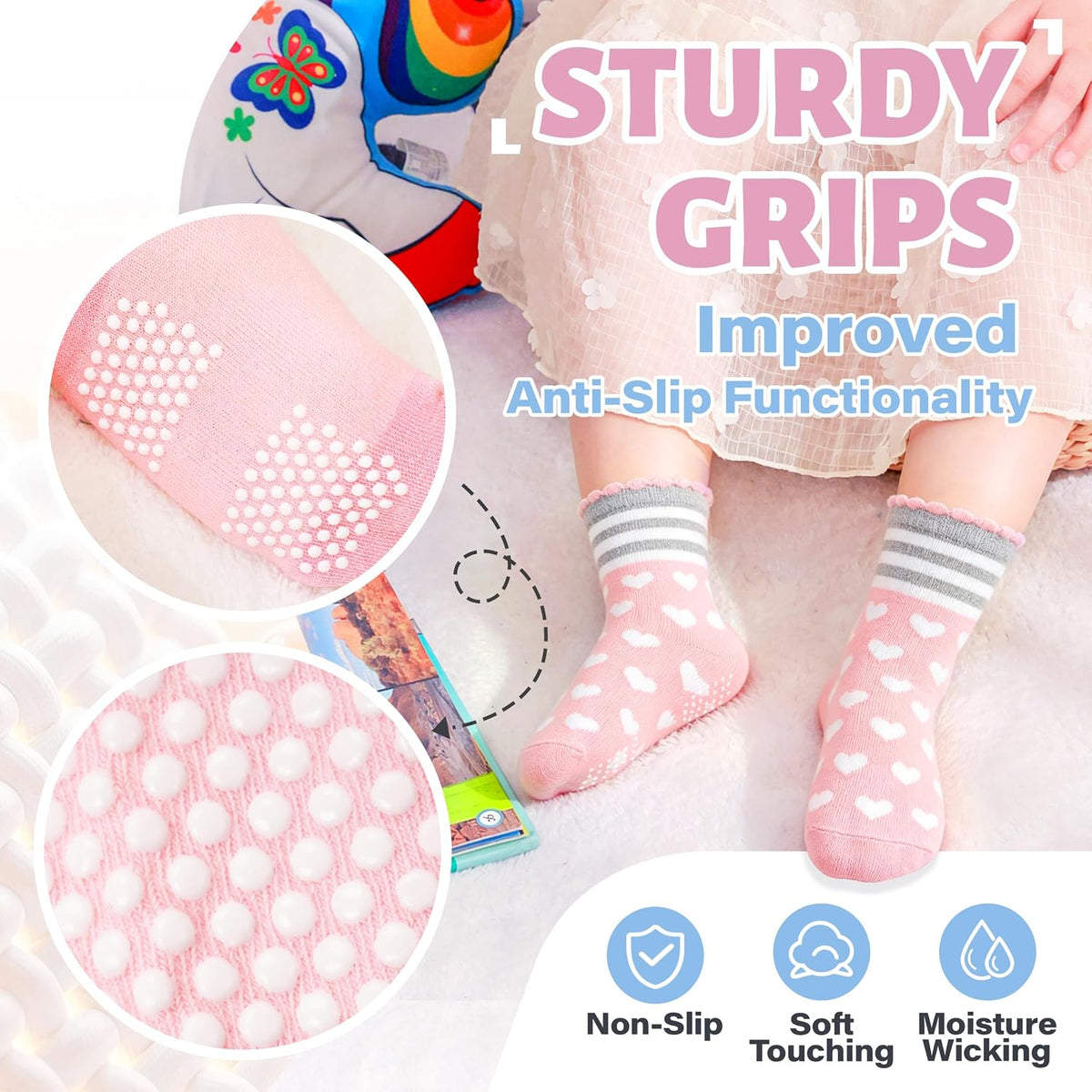 ANTSANG Baby Girls Toddlers Grips Socks, Kids Unicorn Crew Cotton Socks