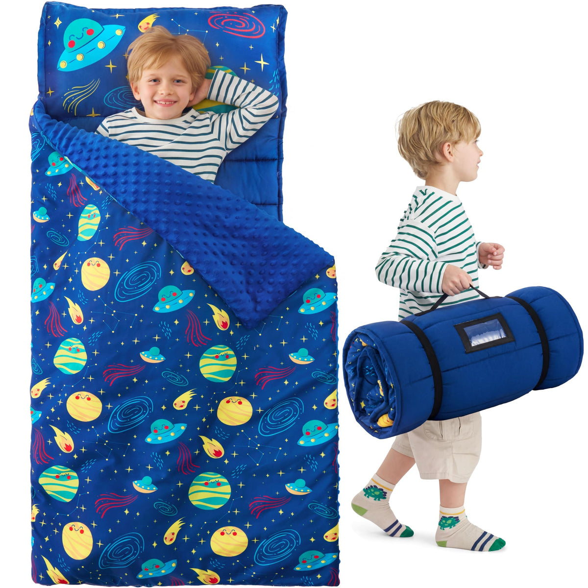 JOIEDOMI Toddler Nap Mat with Removable Pillow and Minky Blanket 55''x30'' Kids Sleeping Bag for Boys and Girls Ages 3-6 Roll Up Soft Nap Mats for Preschool Kindergarten Daycare Sleepover
