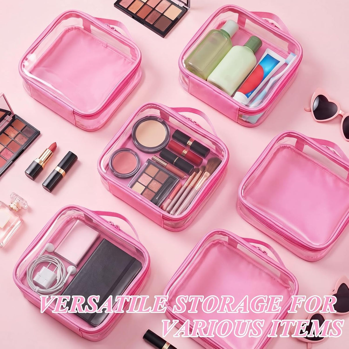 Abbylike 6 Pcs Clear Toiletry Bags Travel Bags Small Clear Makeup Bag with Handle Quart Size Travel Pouches with Zipper for Airport Security Car Organizer Bag for Women Girls(Pink)