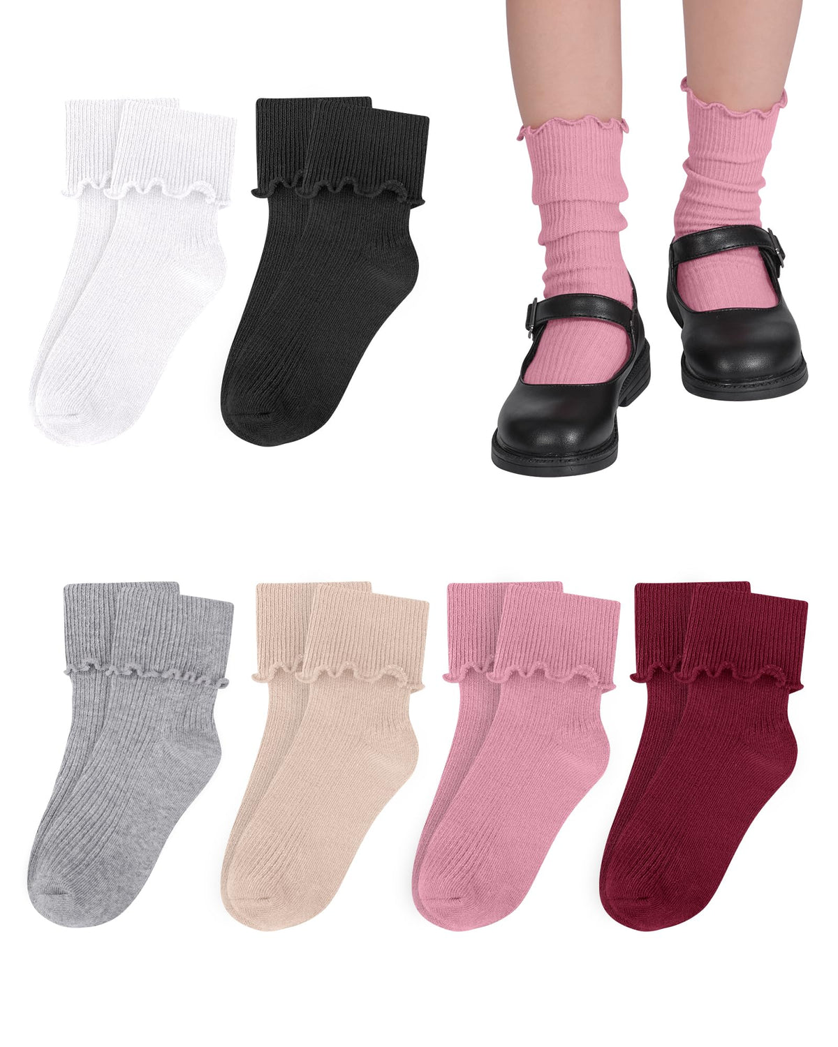 Witwot Ruffle Socks for Girls Kids Toddler Turn Cuff Dress School Uniform Sock