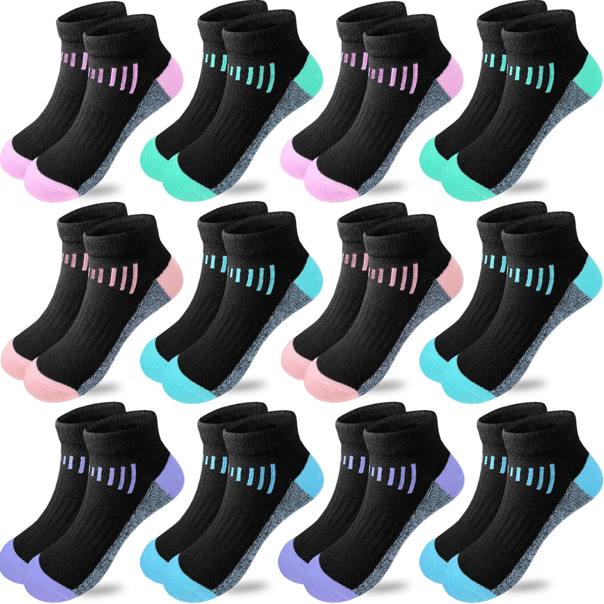 Bemeol Girl Socks 12 Pairs Ankle Socks Girl Running Athletic Sock Low Cut Cotton Casual Sock for Kids