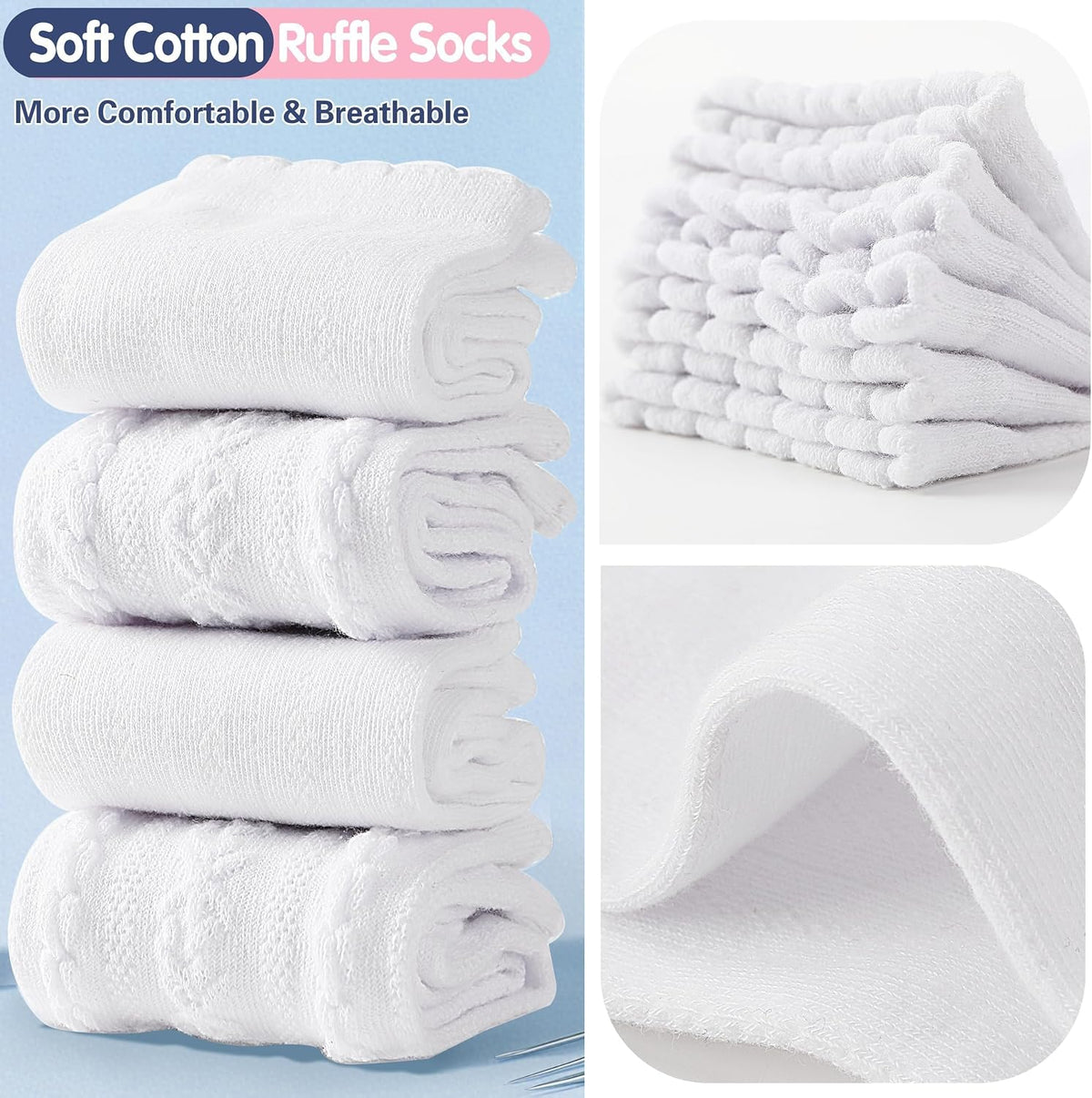 EBMORE Girls Kids Ruffle Socks Uniform School Dress Crew Cotton Textured Breathable Socks 6 Pairs