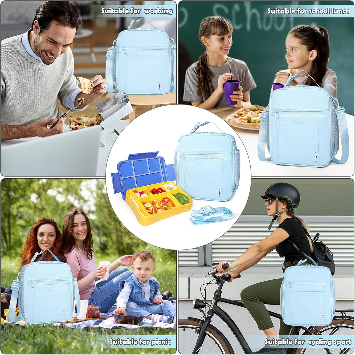 NOL Lunch Bag for Children Adult Insulated Lunch box Waterproof Cooler Reusable Zip Closure with Buckle Handle Holds for Snacks & Water Bottle School Work, Light blue