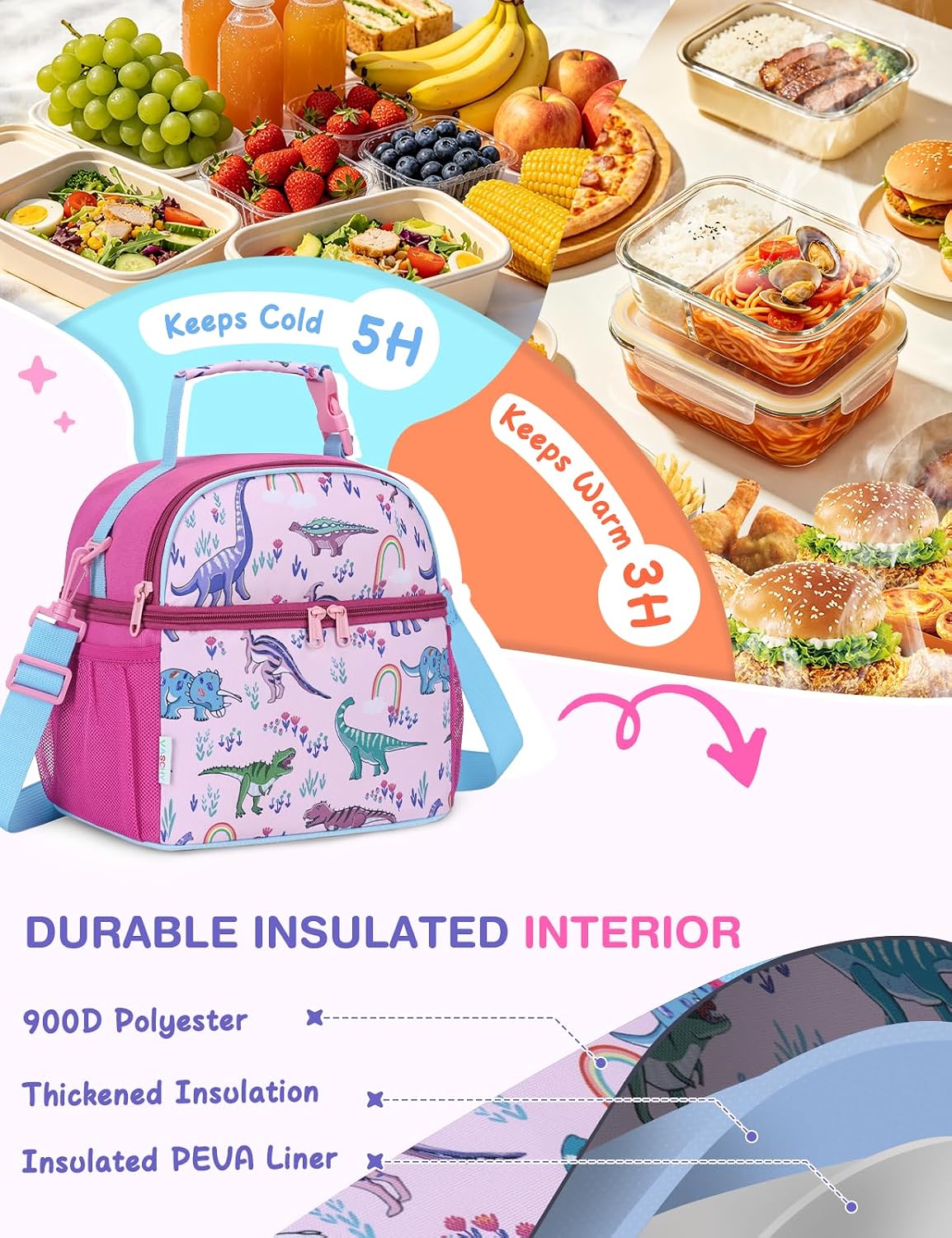 VASCHY Lunch Box Bag for Kids, Insulated Lightweight Lunch Box Tote for Toddler Girls School Daycare Kindergarten Pink Dino Print