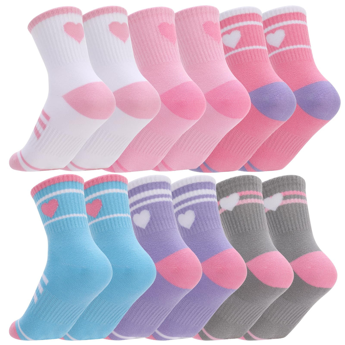 Jspupifip 6 Pairs Kids Girls Pink White Crew Athletic Socks Age 3-12 Years