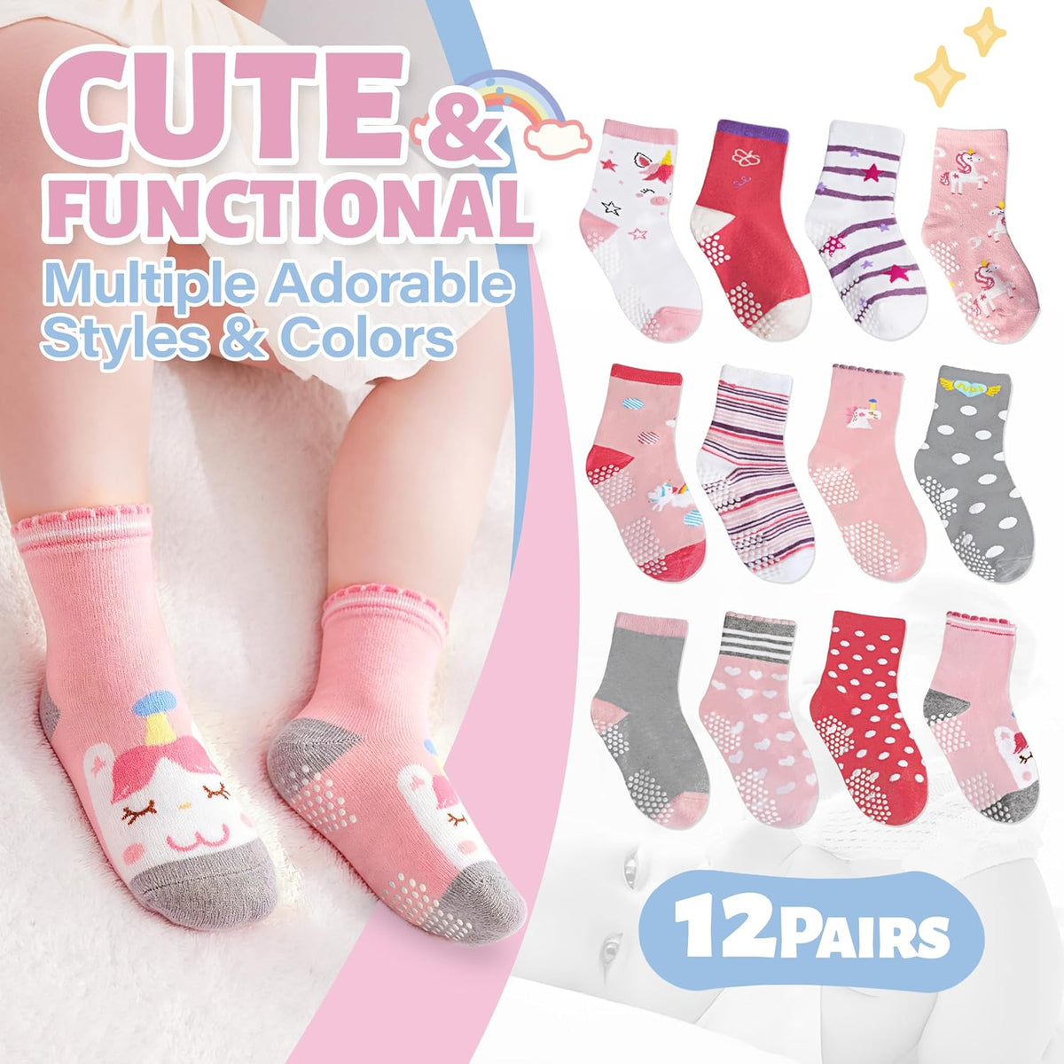 ANTSANG Baby Girls Toddlers Grips Socks, Kids Unicorn Crew Cotton Socks