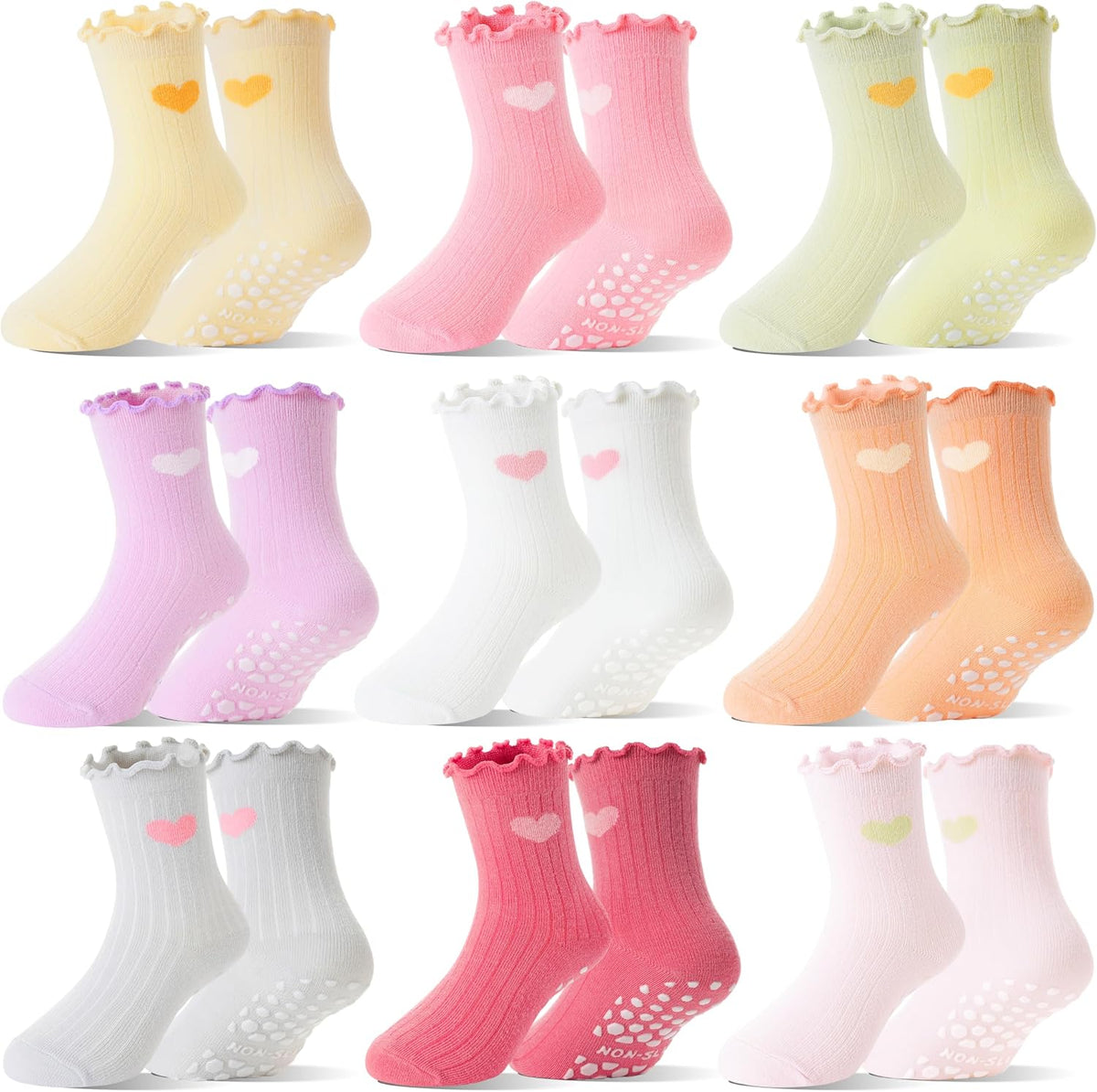 Baby Girls Toddlers Ruffle Grip Socks for Kids Non Slip Anti Skid Frilly Cute Funny Cotton Crew Socks 9 Pairs