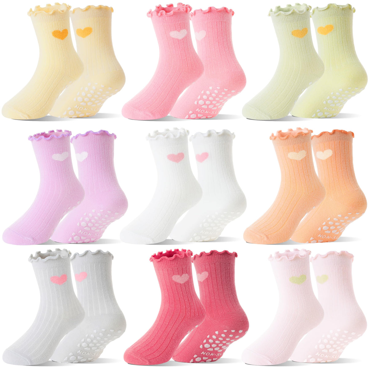Baby Girls Toddlers Ruffle Grip Socks for Kids Non Slip Anti Skid Frilly Cute Funny Cotton Crew Socks 9 Pairs
