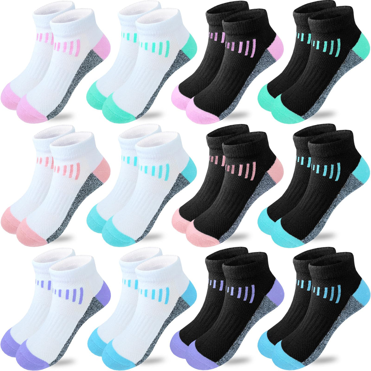 Bemeol Girl Socks 12 Pairs Ankle Socks Girl Running Athletic Sock Low Cut Cotton Casual Sock for Kids