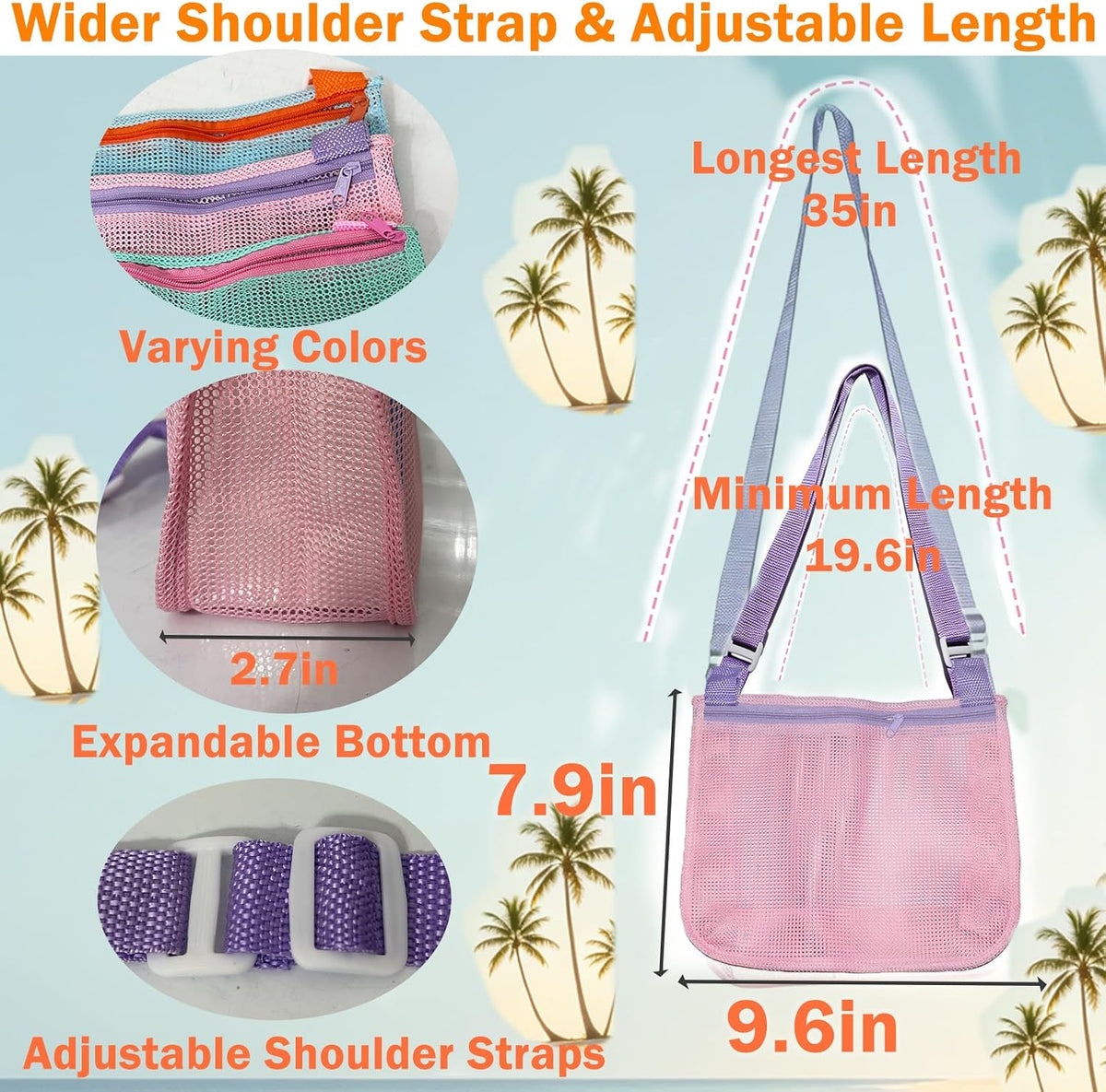 Pack of 3 Shell Collecting Bag, Mesh Shelling Bag for Beach, Adjustable Kids Sea Shell Bags, Quick Dry Shelling Bags for Seashell Sand Toy Swimming Accessories (7.9 * 9.4in)