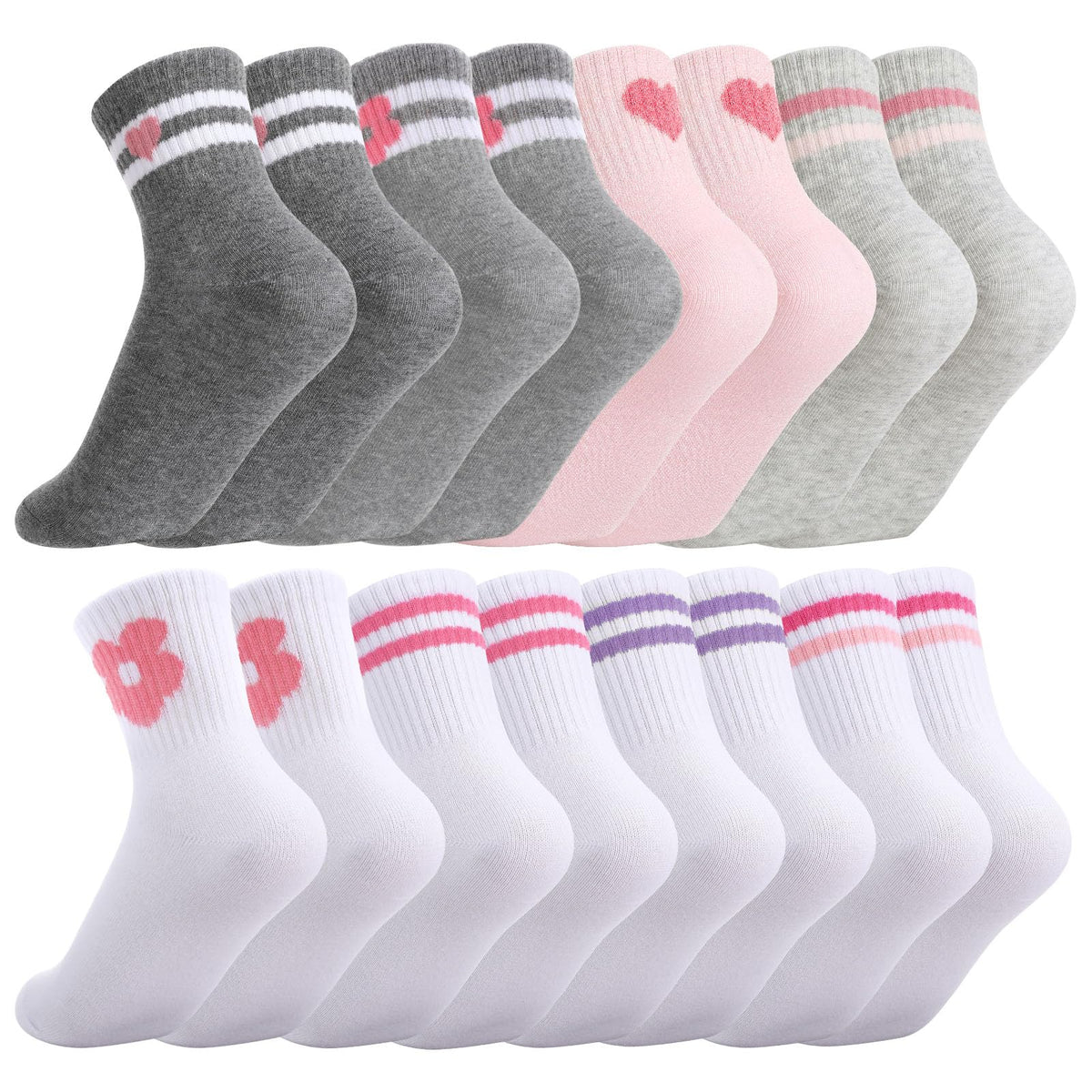 Kids Girls Crew Socks Cotton Athletic Socks with Stripe Hearts