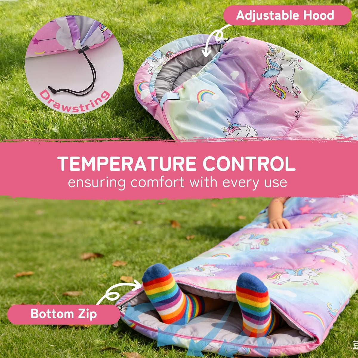 tuphen Kids Sleeping Bag - 50-77℉ 3-Season Waterproof Sleeping Bag for Boys & Girls, Lightweight 2.2 lbs Camping Gear with Compression Bag Ideal for Camping, Hiking, Indoor