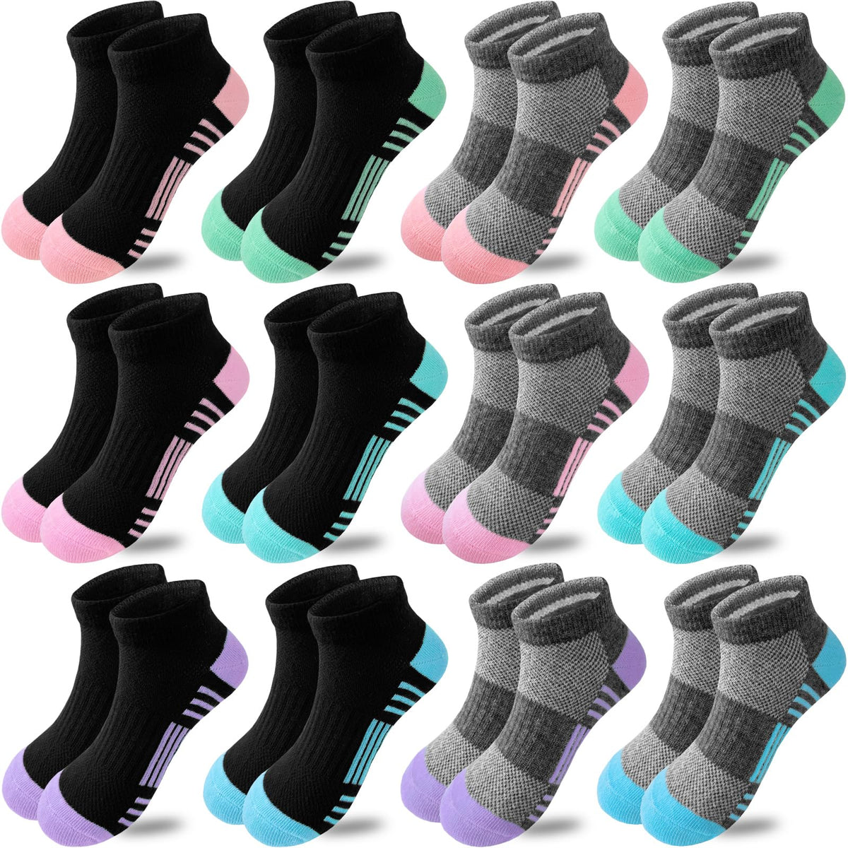 Bemeol Girls Socks 12 Pairs Ankle Socks Girls Athletic Cotton Sports Low Cut Sock for Little Big Kids