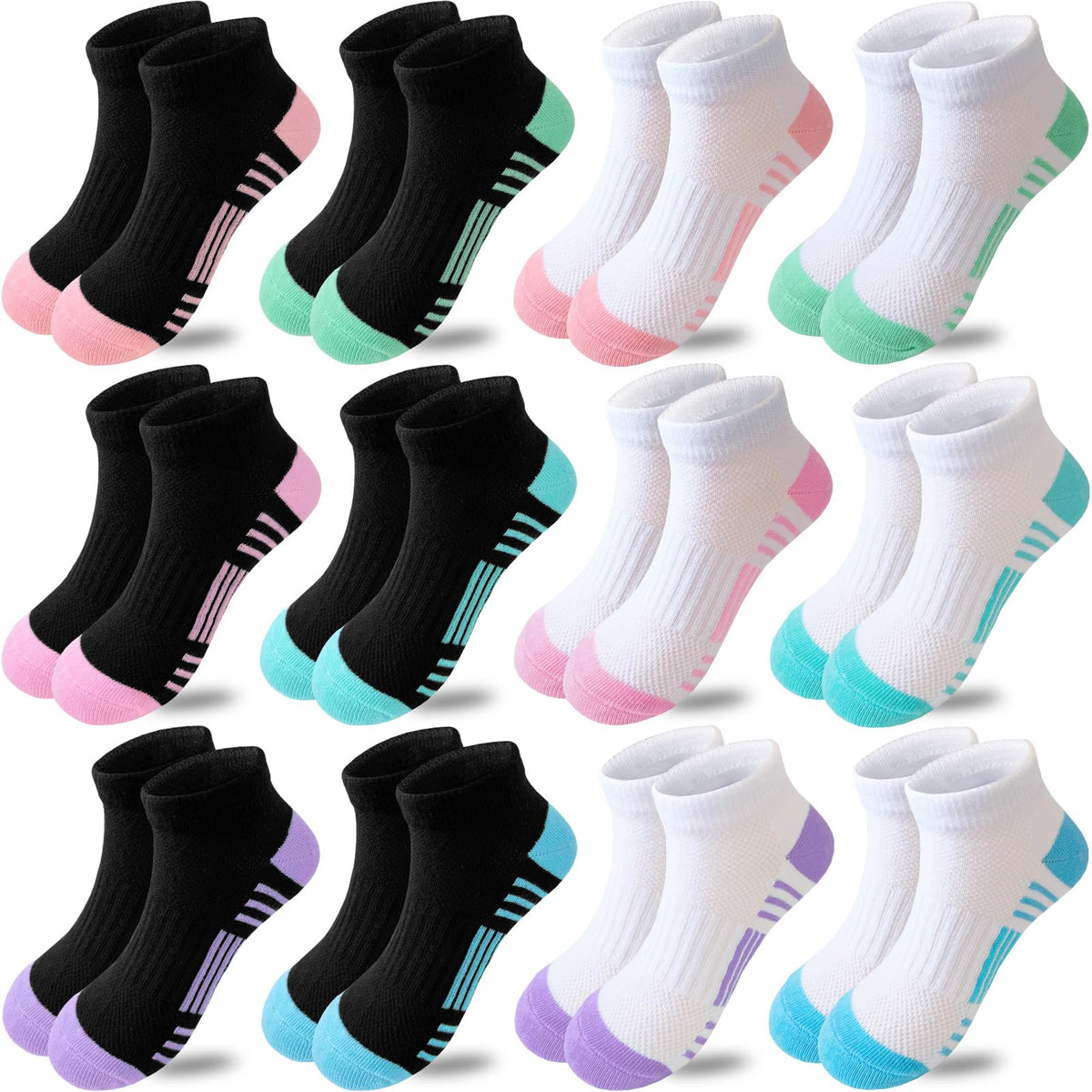 Bemeol Girls Socks 12 Pairs Ankle Socks Girls Athletic Cotton Sports Low Cut Sock for Little Big Kids