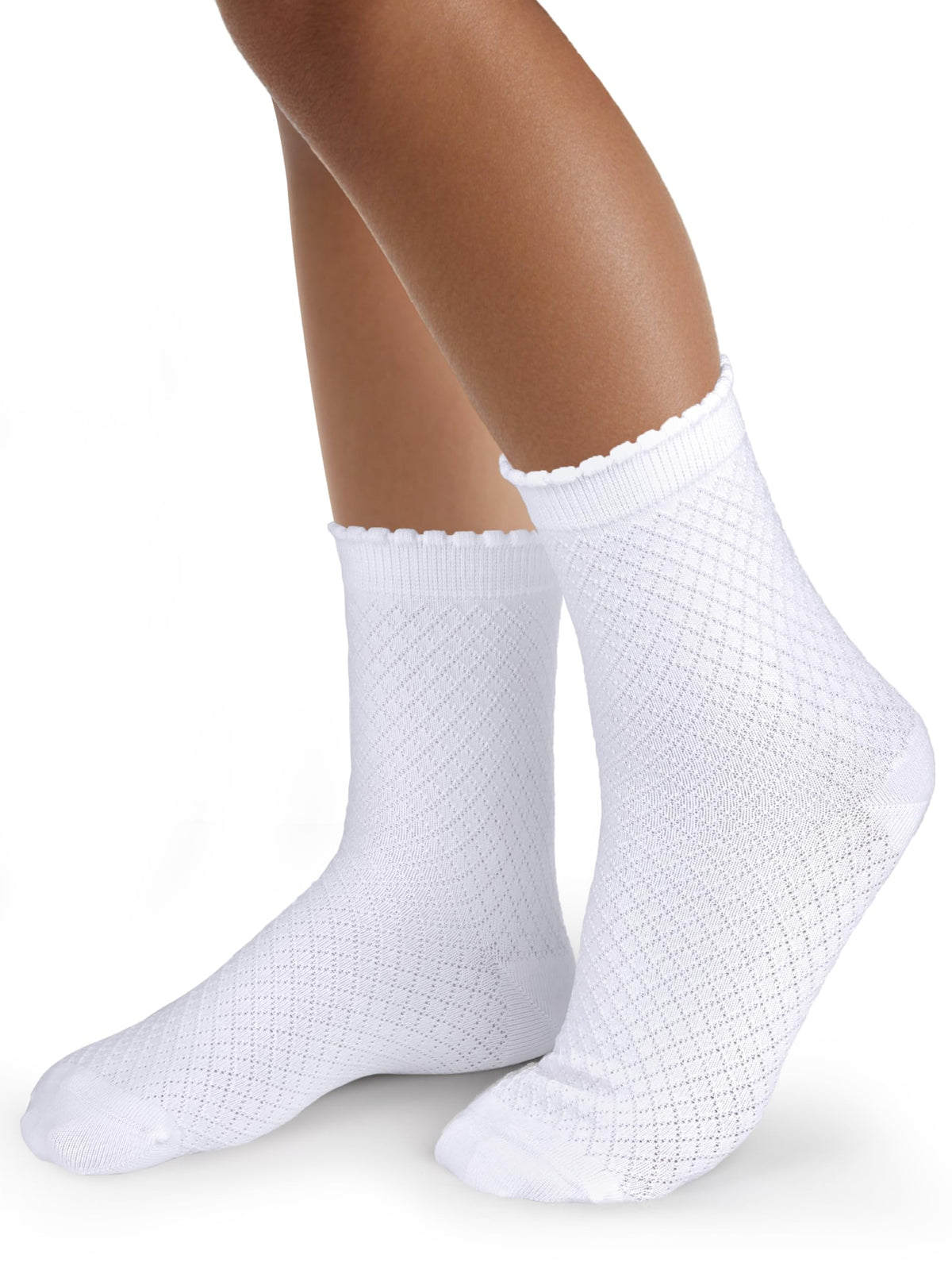 COTTON DAY Kids Girls White Dressy Textured Thin Socks Scallop Top 5 Pack