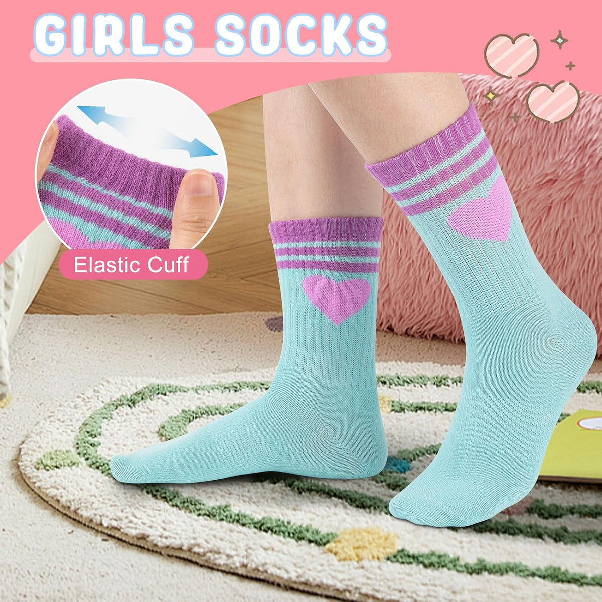 Comfoex Girls Socks Crew Cotton Casual Soft Athletic Socks For Kids 4-6 6-8 8-10 Years Old 6 Pairs