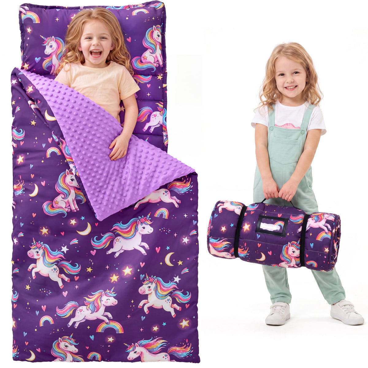 JOIEDOMI Toddler Nap Mat with Removable Pillow and Minky Blanket 55''x30'' Kids Sleeping Bag for Boys and Girls Ages 3-6 Roll Up Soft Nap Mats for Preschool Kindergarten Daycare Sleepover