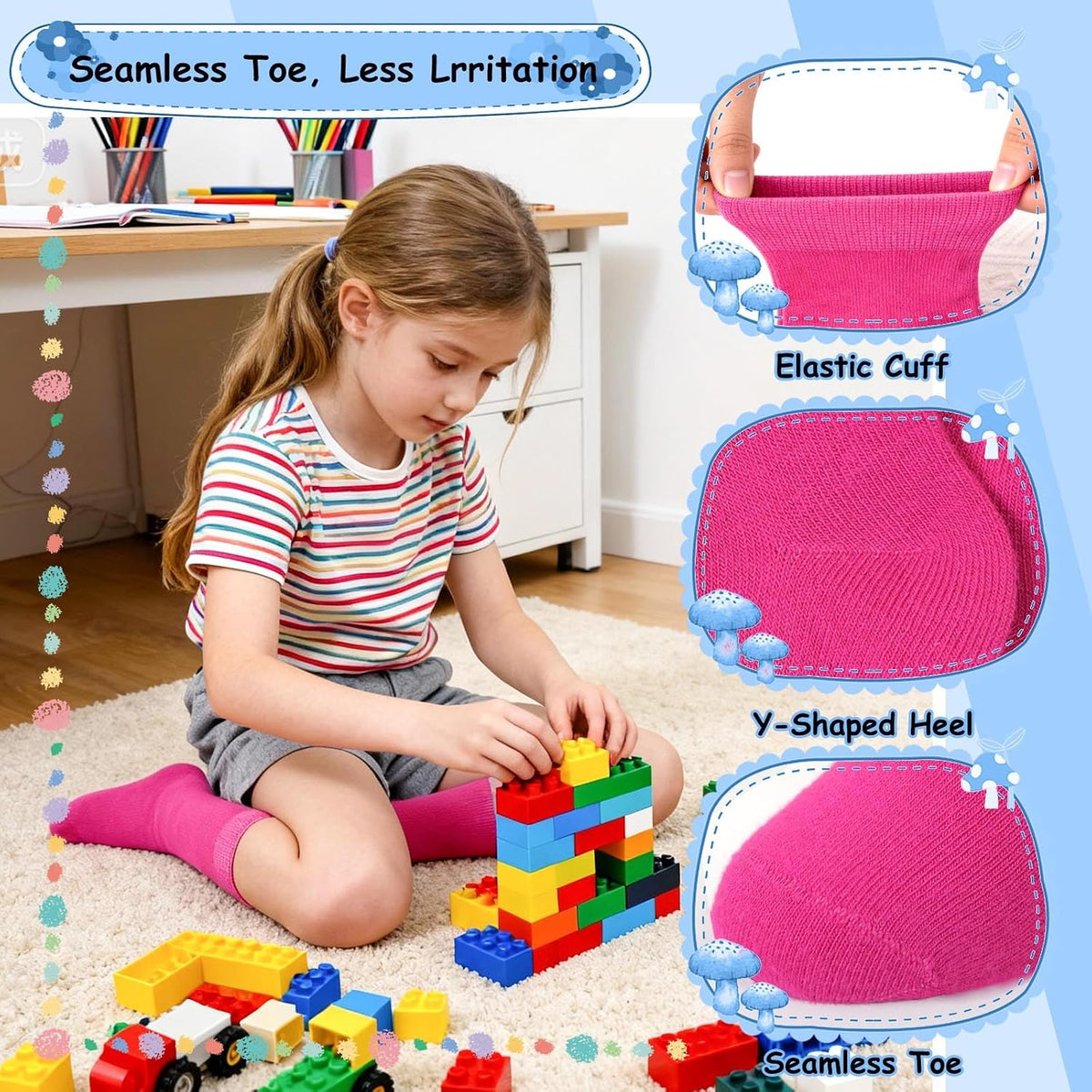 Artfasion Seamless Socks for Kids Girls: Sensory Friendly Socks for 2-12 T