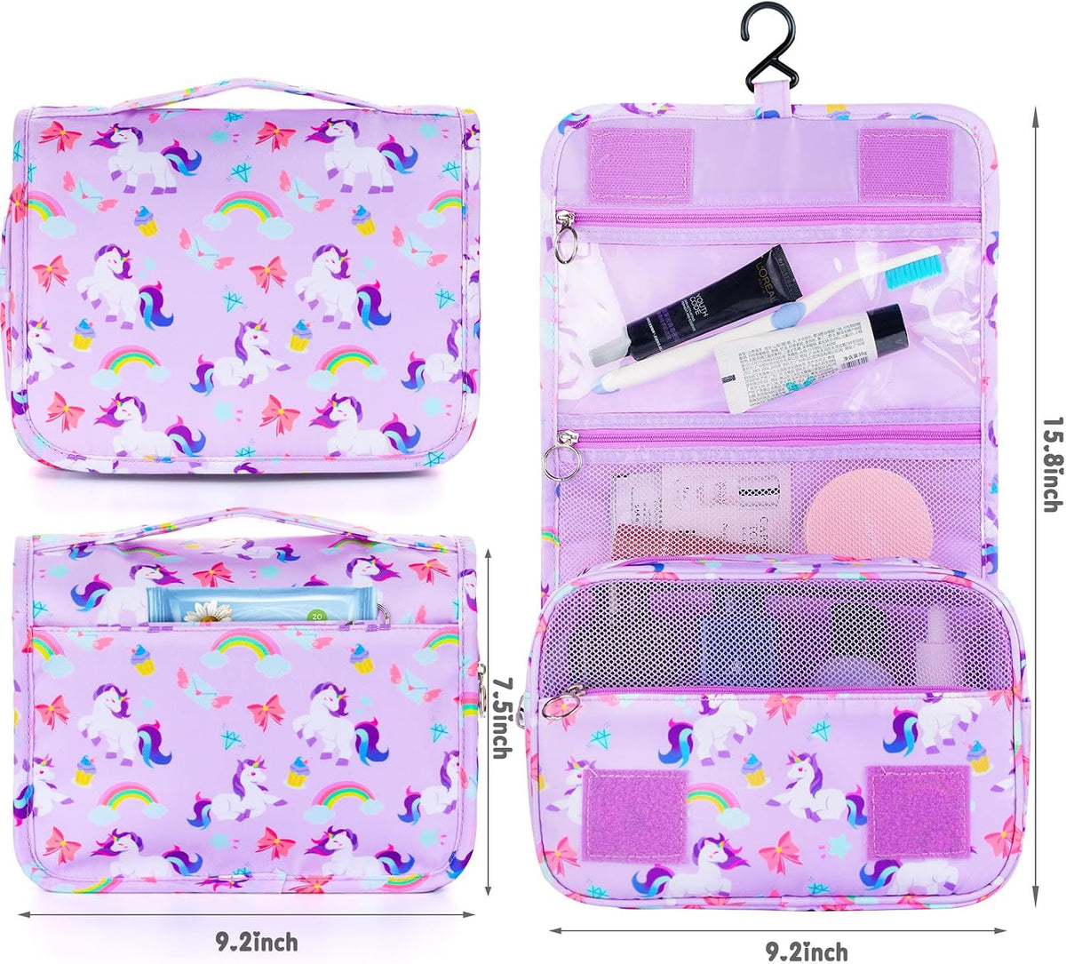 Kids Hanging Toiletry Bag for Girls, Travel Toiletry Bag for Little Young Girls Cosmetic Makeup Waterproof Wash Bag Toddler Traveling Toiletries, Unicorn Purple