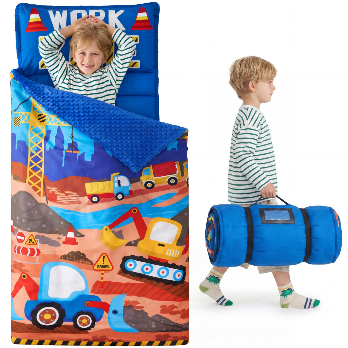 JOIEDOMI Toddler Nap Mat with Removable Pillow and Minky Blanket 55''x30'' Kids Sleeping Bag for Boys and Girls Ages 3-6 Roll Up Soft Nap Mats for Preschool Kindergarten Daycare Sleepover