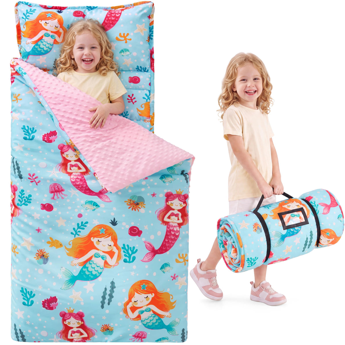 JOIEDOMI Toddler Nap Mat with Removable Pillow and Minky Blanket 55''x30'' Kids Sleeping Bag for Boys and Girls Ages 3-6 Roll Up Soft Nap Mats for Preschool Kindergarten Daycare Sleepover