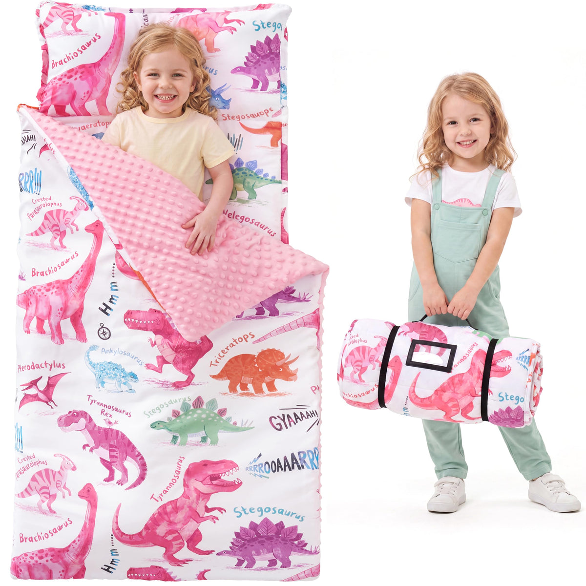 JOIEDOMI Toddler Nap Mat with Removable Pillow and Minky Blanket 55''x30'' Kids Sleeping Bag for Boys and Girls Ages 3-6 Roll Up Soft Nap Mats for Preschool Kindergarten Daycare Sleepover
