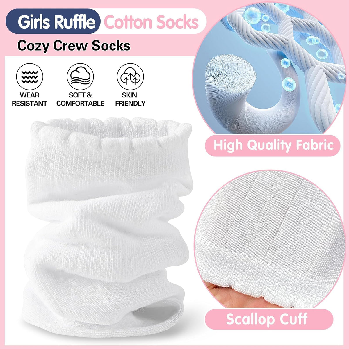 EBMORE Girls Kids Ruffle Socks Uniform School Dress Crew Cotton Textured Breathable Socks 6 Pairs
