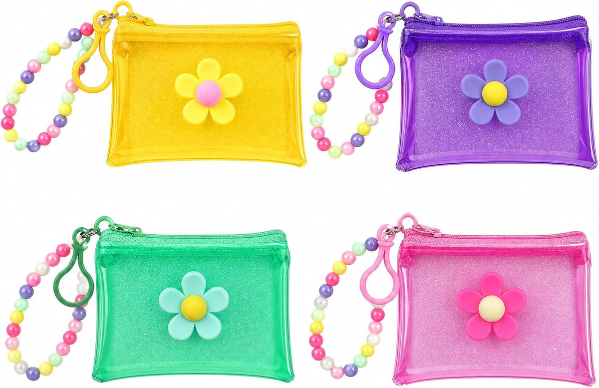 4 Pcs Transparent Cute Mini Zipper Wallet with Beaded Wrist