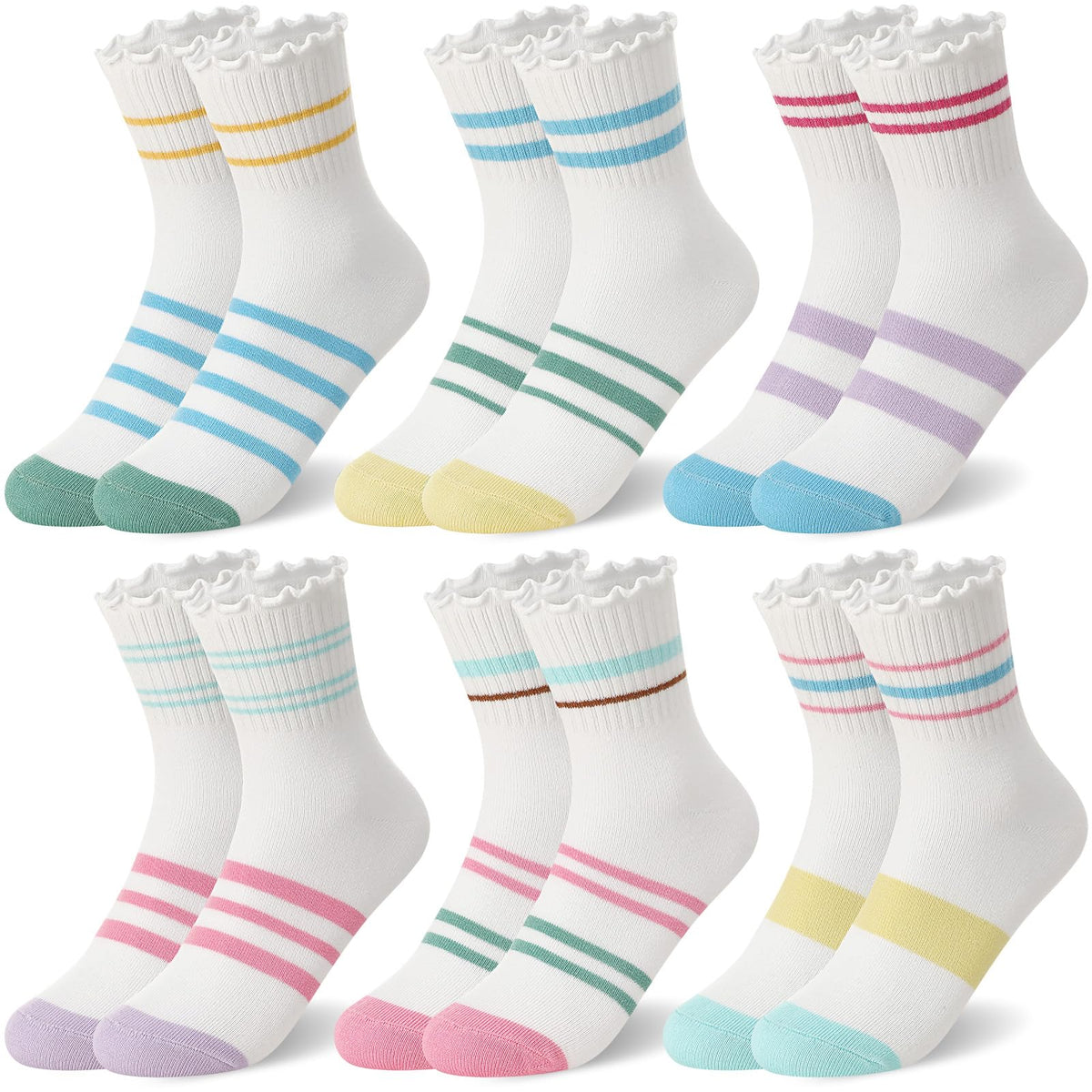 6 Pairs Girls Ruffle Crew Socks Cute Cotton Frilly Socks