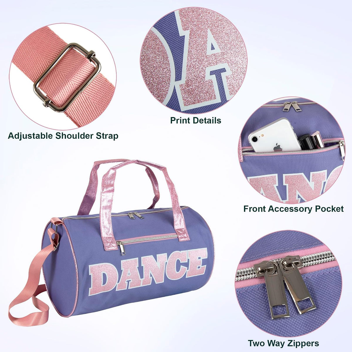 Dance Duffle Bags for Dancers, Girls, Teens, and Student Athletes, Fun Dance Workout Duffel Bag for Girls and Boys (Purple/Pink)