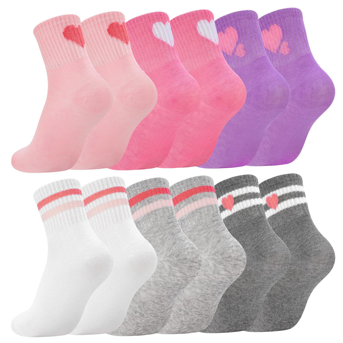 Jspupifip 6 Pairs Kids Girls Pink White Crew Athletic Socks Age 3-12 Years