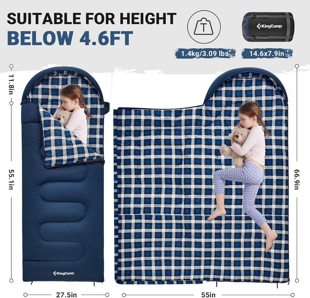 KingCamp 45°F Kids Sleeping Bag, 100% Flannel Sleeping Bag for 10-12 Child