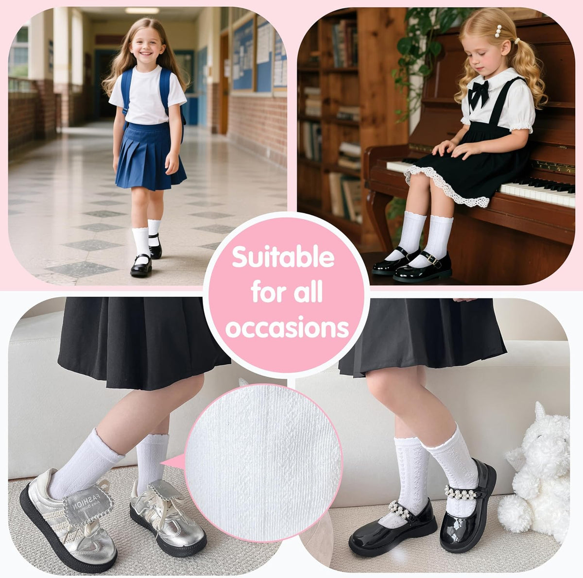 EBMORE Girls Kids Ruffle Socks Uniform School Dress Crew Cotton Textured Breathable Socks 6 Pairs