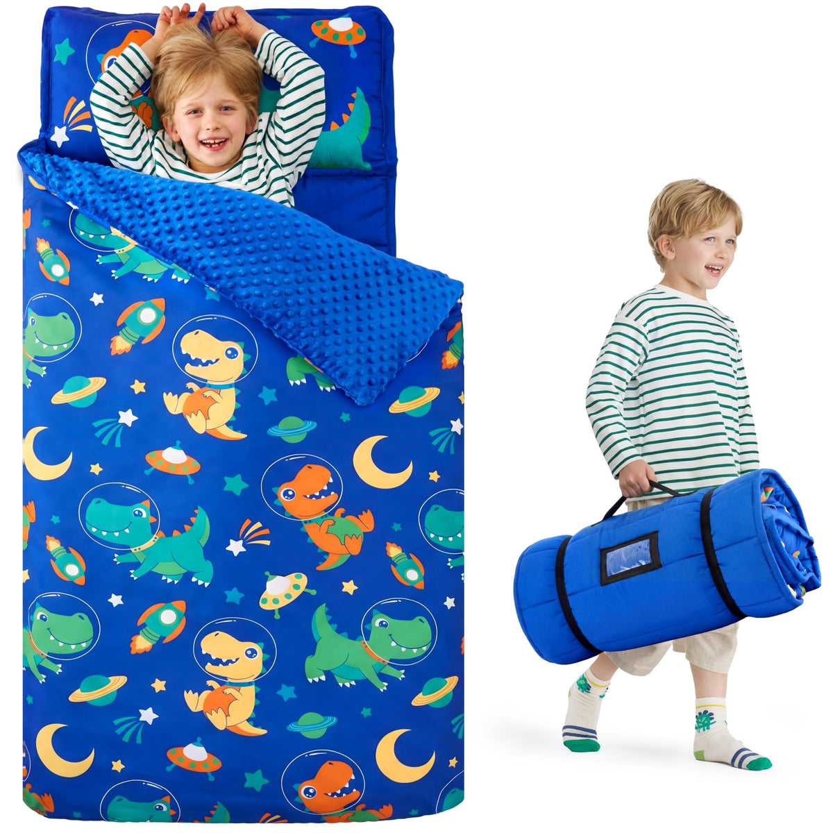 JOIEDOMI Toddler Nap Mat with Removable Pillow and Minky Blanket 55''x30'' Kids Sleeping Bag for Boys and Girls Ages 3-6 Roll Up Soft Nap Mats for Preschool Kindergarten Daycare Sleepover
