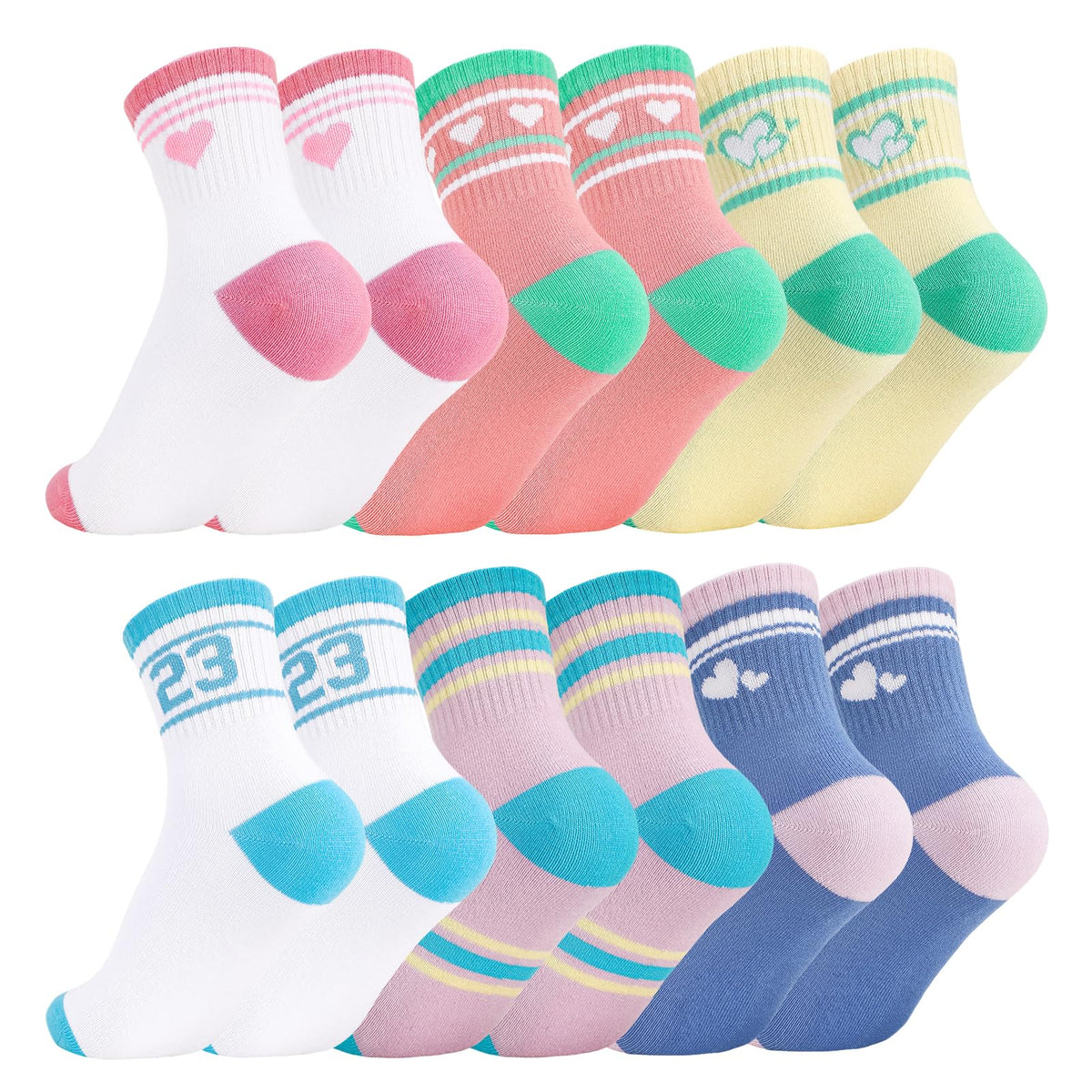 Jspupifip 6 Pairs Kids Girls Pink White Crew Athletic Socks Age 3-12 Years