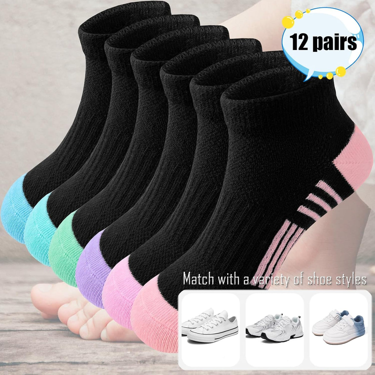 Bemeol Girls Socks 12 Pairs Ankle Socks Girls Athletic Cotton Sports Low Cut Sock for Little Big Kids