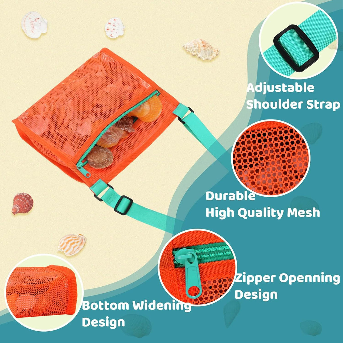 MUYIZI Mesh Beach Bag for Shells Collecting 4 Pack,Shell Bags for Beach,Sea Shell Bags for Picking Up Shells,Beach Shell Bag for Kids, Beach Toys Sand Toys Swimming Accessories for Boys and Girls