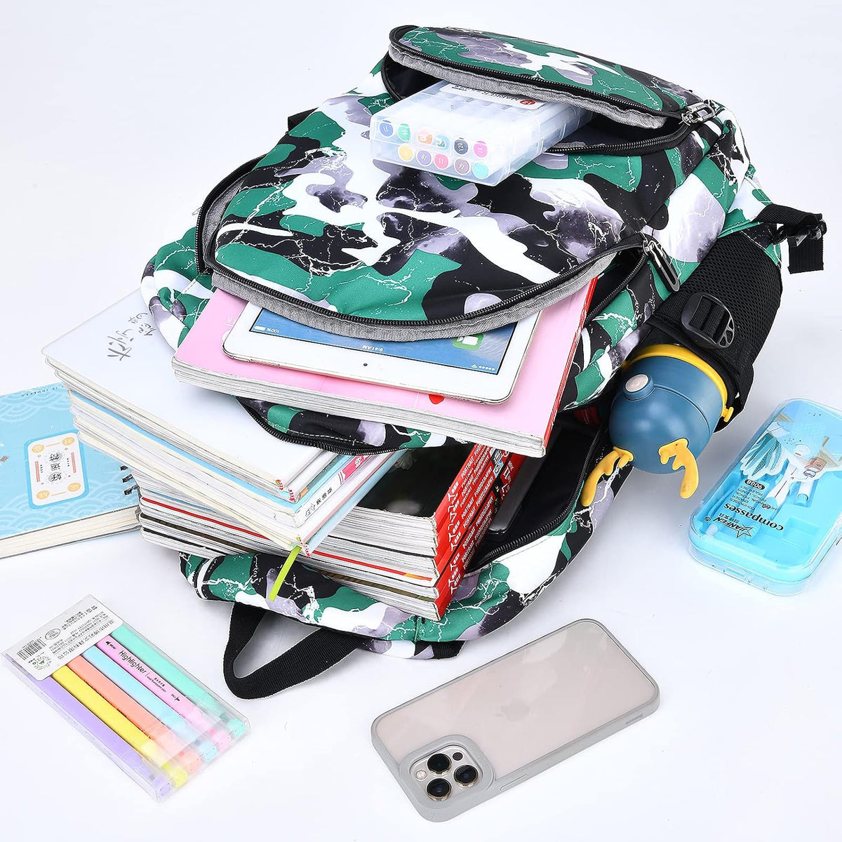 Camo Backpack Set with Lunch Bag Lightweight Waterproof School Backpack Bookbag for Boys Girls (A-Style Camo Green)