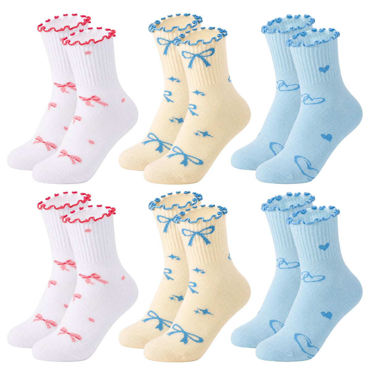 6 Pairs Girls Ruffle Crew Socks Cute Cotton Frilly Socks