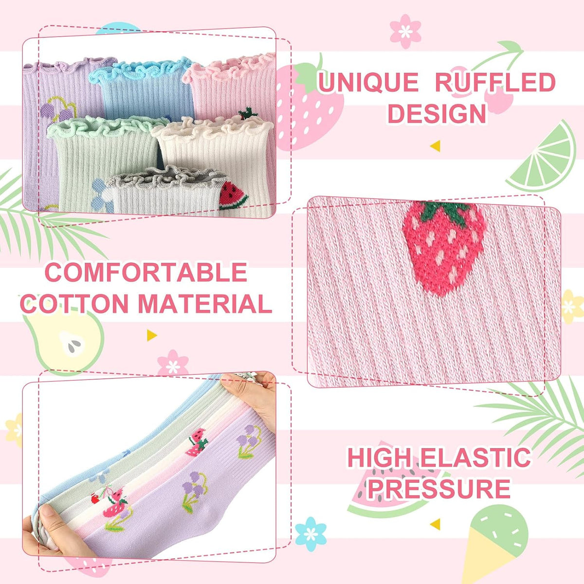 6 Pairs Girls Ruffle Crew Socks Cute Cotton Frilly Socks
