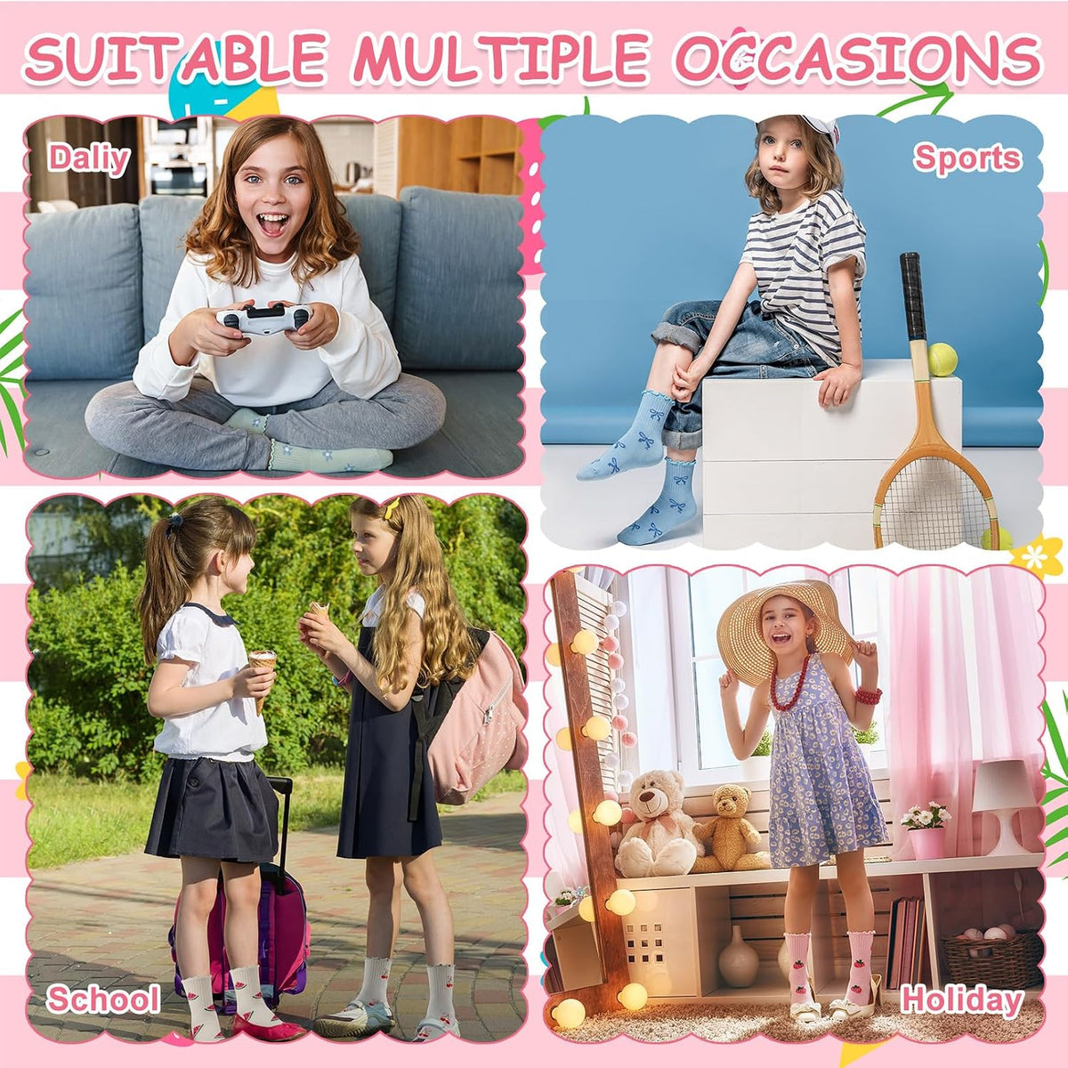 6 Pairs Girls Ruffle Crew Socks Cute Cotton Frilly Socks