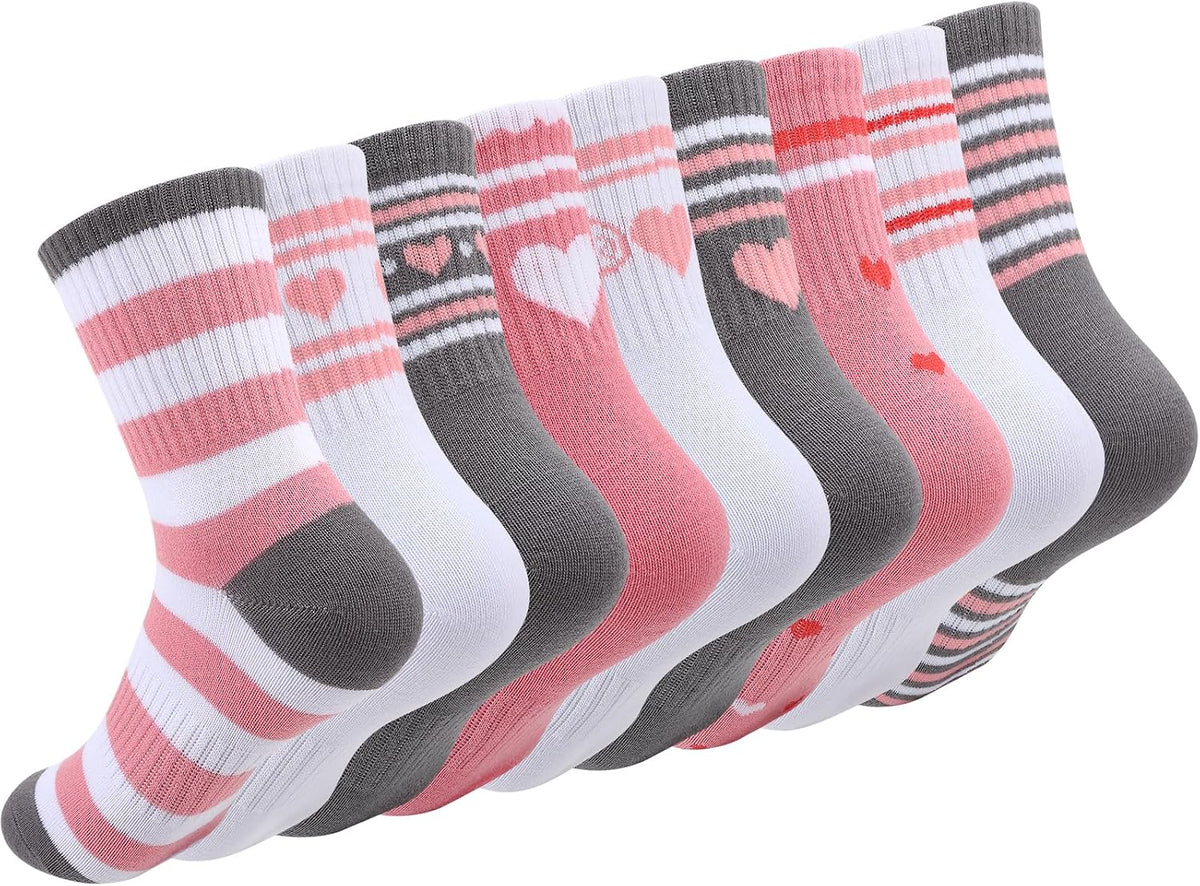 9 Pcs Girls Crew Socks, Cotton Striped Heart Kids Athletic Socks