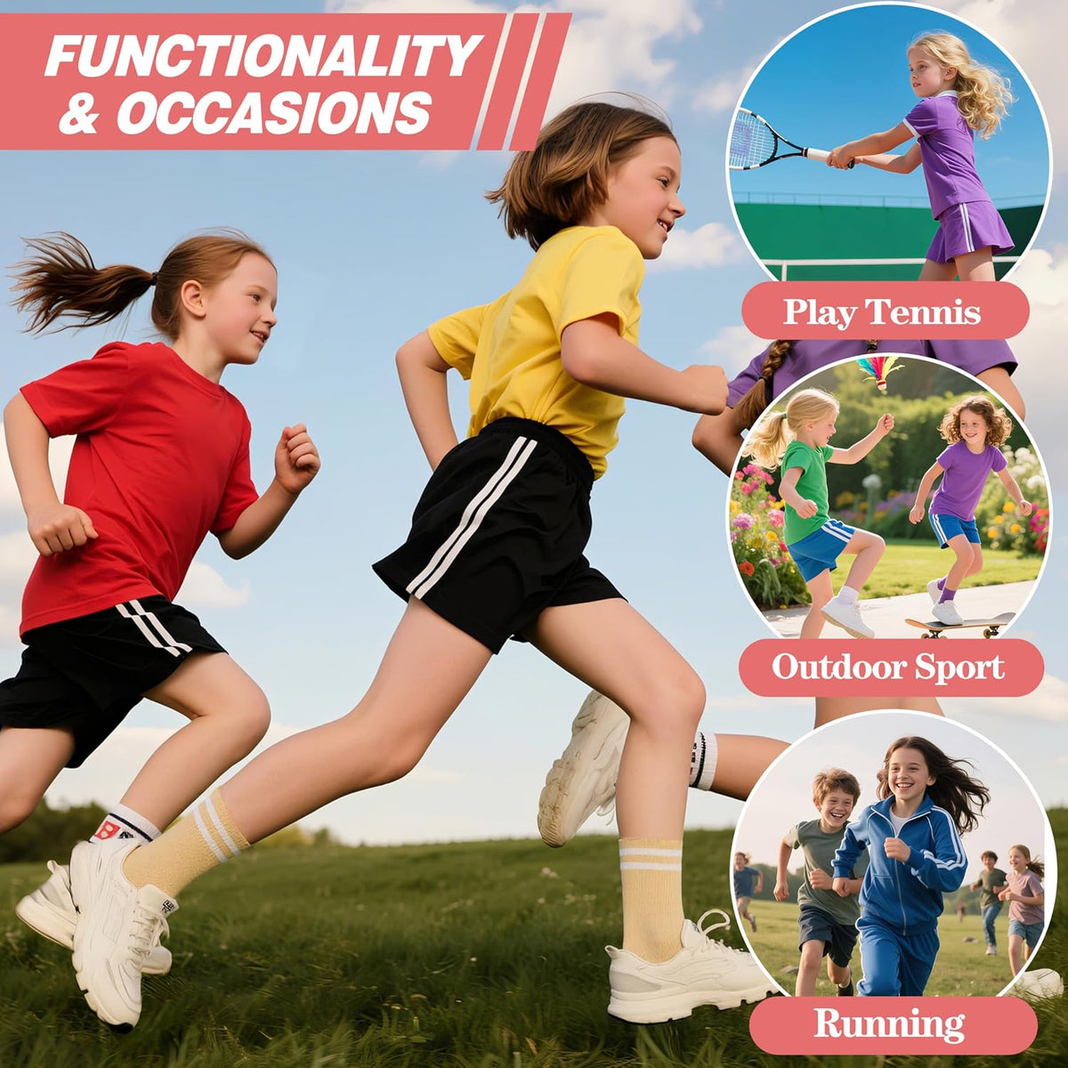 Kids Girls Athletic Sport Socks Basketball Outdoor Cotton Crew Breathable Socks 6 Pairs