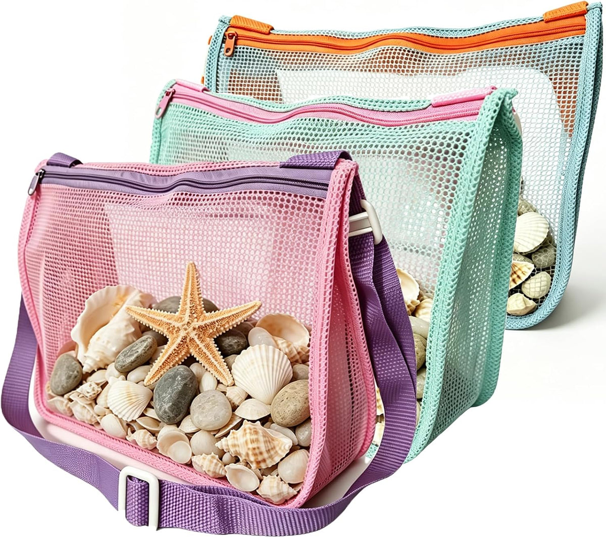 Pack of 3 Shell Collecting Bag, Mesh Shelling Bag for Beach, Adjustable Kids Sea Shell Bags, Quick Dry Shelling Bags for Seashell Sand Toy Swimming Accessories (7.9 * 9.4in)