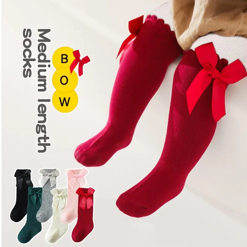 Girls' Solid Color Cotton Mid-Length Sock Pair with Bow Detail - Spanish-Style Princess Kids' Party & Casual Wear, S(0-1Y), M(1-3Y), L(3-5Y), Hand Wash Only, Wine Red